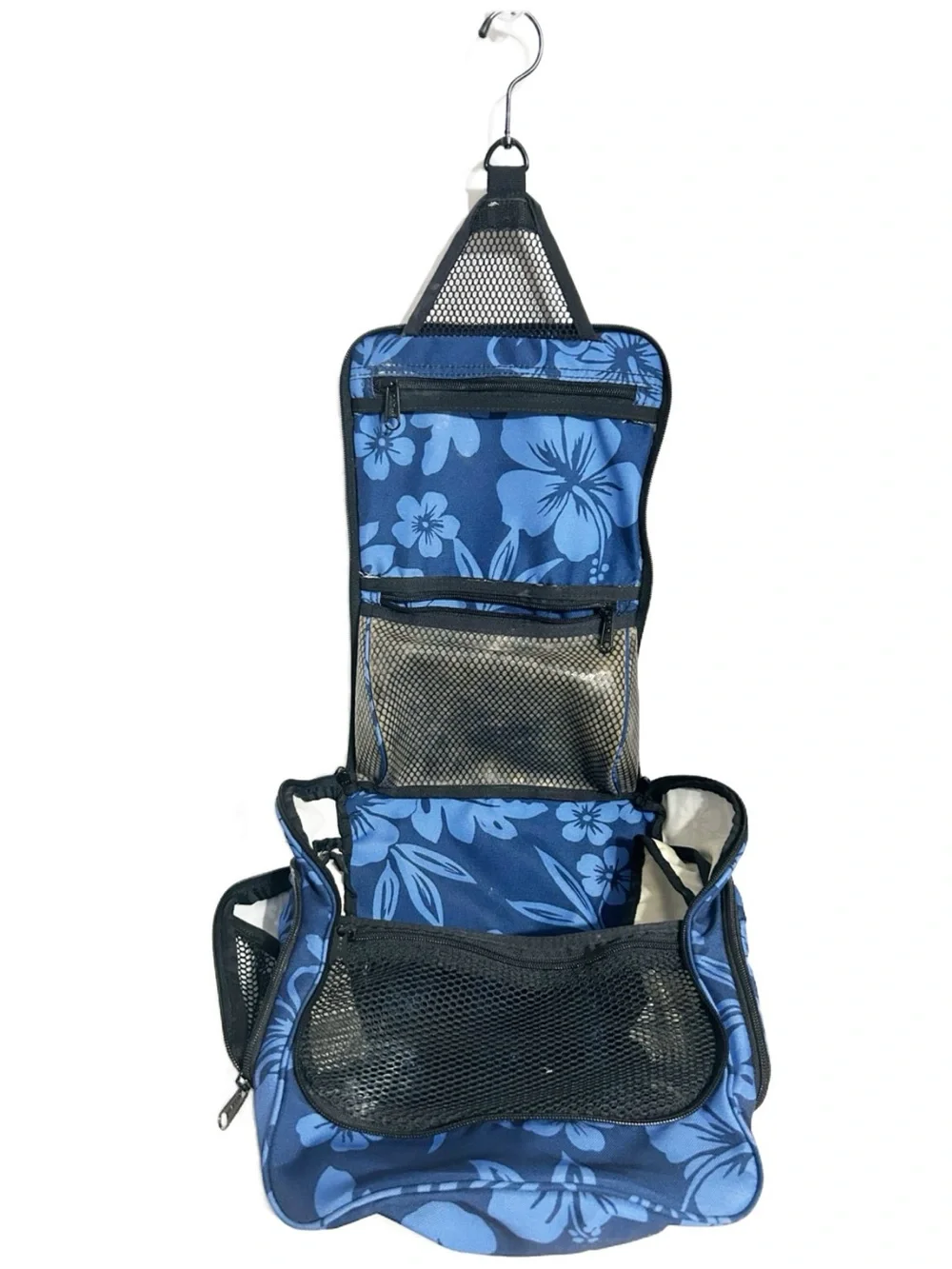 LL Bean Personal Organizer Hanging Travel Toiletry Bag Blue Floral Nylon Pockets